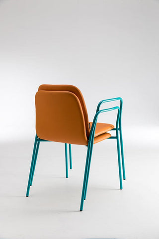 Modern chair with teal frame and orange seat