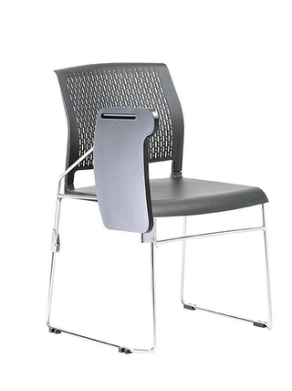 Black chair with attached writing surface.