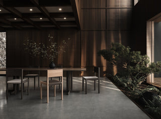 Dining room with wooden table and chairs, and a bonsai tree.