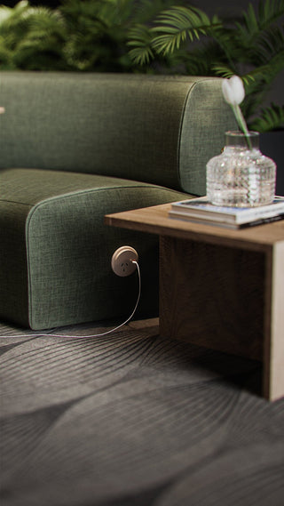 Green sofa, wooden table with vase, and power outlet.