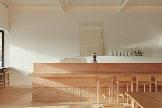 Coffee shop counter and seating area.