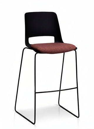 Bar stool with black backrest and red cushion on a white background