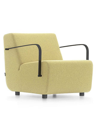 Yellow modern armchair with black armrests