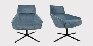Two blue velvet swivel chairs