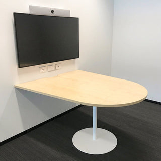 End table with mounted TV and video conferencing equipment