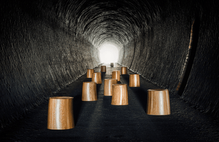 ELFIN oak stools in tunnel, 2015