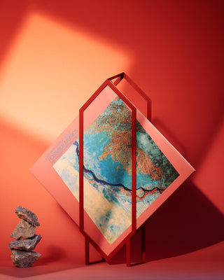 Abstract art print in red frame.
