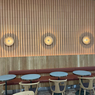 Cafe wall with sconces and seating