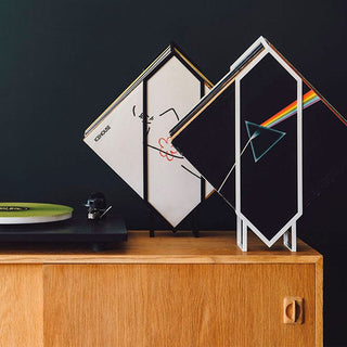 Record albums in unique stands, Jex3 design.