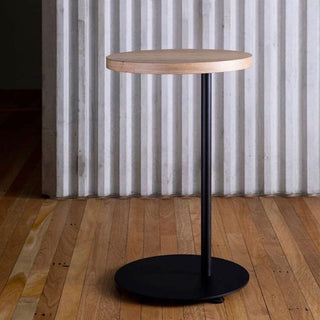 Round laptop table with black base and wooden top