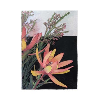 Leucadendron watercolor painting with pink and yellow flowers