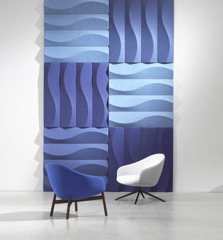 Blue wall panels and chairs