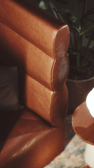 Brown leather headboard close-up