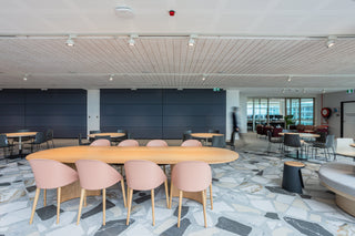 Modern office cafe seating area, photo taken July 16, 2020