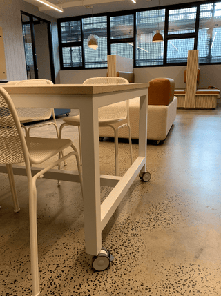 Modern office workspace with rolling table, screenshot from Jan 7.