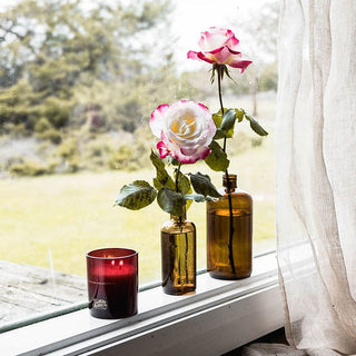 Roses in vases with candle on windowsill
