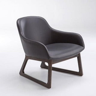Tiller lounge chair with dark leather seat and wooden frame