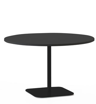 Black round table with single pedestal base.