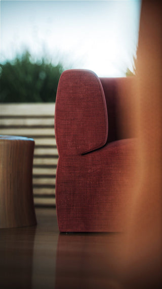 Red armchair and wooden side table.