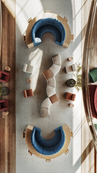 Overhead view of a modern lounge area with curved seating.